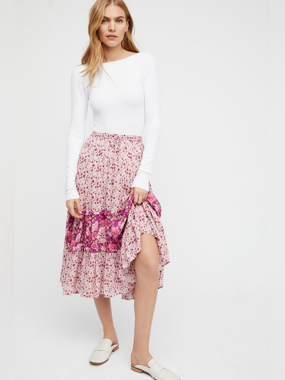Spell and the Gypsy Women's Winona Floral Printed Tiered Boho Midi Skirt Sz XXS